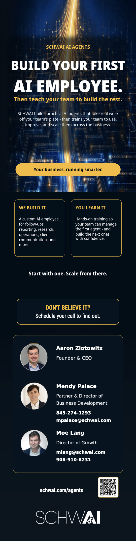 SCHWAI AI Agents flyer explaining how SCHWAI builds a first AI employee and trains the team to build more
